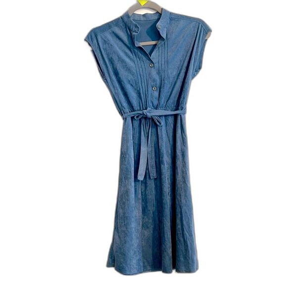 Vintage Ultrasuede Cap Sleeve Blue Dress P2P:16-18” pintuck belted shirt dress - Picture 1 of 12